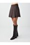 Brown Straight Cut Textured Short Skirt with Zipper at the Waist - 7