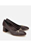 Women's Brown Gold Buckle Thick Heeled Shoes - 2