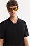 Men's Black Cotton Non-Curling Polo Collar Buttonless Bi-Stretch Regular Fit T-Shirt A61Y1130 - 2