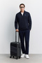Men's Navy Blue Stand Collar Zippered Printed Easy-Iron Cotton Regular Fit Sweatshirt A62Y1310 - 6