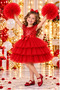 Girl's Buckle Pompom Sleeve Evening Dress Party Birthday Dress
