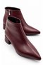 Poca Women's Burgundy Leather Pointed Toe Low Block Heel Side Zipper Short Boots 4 cm Heel