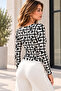 Women's Ecru Black g Pattern Square Collar Long Sleeve Viscose Elastane Blouse - 6