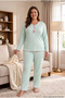 Reported Interlock Fabric Collar Buttoned Winter Large Size Women's Pajama Set 2950 - 2