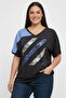 Women's V-Neck Cross Stripe Sequin-Bead Embroidered Short Sleeve Lycra Viscose Plus Size Blouse