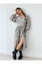Lady Belted Double Breasted Balloon Sleeve Dress Women's Gray - 6