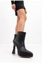 Women's Platform Heeled Pointed Toe Front Stitched Zippered Black Boots (12 cm Heel) - 7