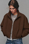 Soft Textured Balloon Sleeve Brown Bomber Jacket