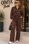 Egzoti̇k Asorti̇k Women's Japanese Button Detailed Striped Top & Flexible Pants Top and Bottom Set Faux Suede Suit - 5