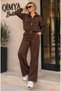 Egzoti̇k Asorti̇k Women's Japanese Button Detailed Striped Top & Flexible Pants Top and Bottom Set Faux Suede Suit - 3