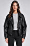 Women's Black Oversize Asymmetrical Zippered Faux Leather Jacket with Snap Detail - 2