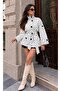 Women's Stand Collar Black and White Polka Dot Belted Short Trench Coat Jacket - 3