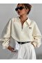 Women's Polo Collar Zippered Bow Printed Oversize Sweatshirt - 2