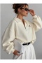 Women's Polo Collar Zippered Bow Printed Oversize Sweatshirt - 3