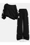 Girl's Asymmetrical Collar Black Sweatshirt with Ribbon on the Sleeves - Black Loose Fit Tracksuit Set - 3