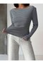 Women's Navy Blue Ecru Striped Boat Neck Long Sleeve Camisole T-Shirt