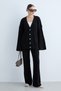 Women's Knitwear Set V-Neck Buttoned Cardigan and Wide-Leg Trousers Ribbed Knit Two-Piece Set -Black - 2
