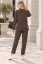 Women's Crew Neck Long Sleeve Sweatshirt with Slit Detail and Stretch Woven Detail, and Elastic Waist Woven Detail Stretch Pants with Pockets Brown Two-Piece Set - 3
