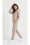Women's Stone Color Elastic Cuffed Kangaroo Pocket 3 Thread Hooded Sweatshirt Set with Fleece Inside - 3