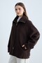 Women's Zippered Stand Collar Oversized Coat with Wide Sleeves and Pocket Details - Short Trench Coat - Brown - 2