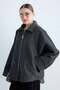 Women's Stand Collar Zippered Oversize Short Jacket with Wide Sleeves and Pocket Detail, Relaxed Fit - Anthracite - 6