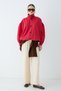 Women's Stand Collar Buttoned Elastic Short Coat with Gathered Detail - Red - 3
