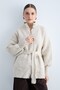 Women's Knitwear High Collar Buttoned Belted Cardigan Long Sleeve Relaxed Fit Knit Cardigan - Stone