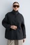 Women's Stand Collar Buttoned Short Coat with Pocket Detail, Long Sleeve Relaxed Fit Winter Jacket - Anthracite - 4