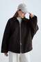 Women's Stand Collar Zippered Oversize Short Jacket with Wide Sleeves and Pocket Detail, Relaxed Fit - Brown - 5