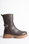 Women's Genuine Leather Casual Boots with Belt Detail - Brown