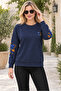 Women's Crew Neck Long Sleeve Off Shoulder Leaf Pattern Motif Soft Textured Comfortable Fit Elegant Casual Navy Blue Sweater - 6