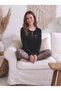 Women's Brown Leopard Patterned Pajama Set Button Detailed Cotton Long Sleeve Home Wear Homewear Stylish Dowry Suit - 2