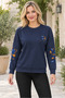 Women's Crew Neck Long Sleeve Off Shoulder Leaf Pattern Motif Soft Textured Comfortable Fit Elegant Casual Navy Blue Sweater - 5
