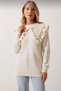 Women's Ecru Ruffle Detailed Pearl Embroidered Knitwear Sweater Crew Neck Long Sleeve Stylish Knitted Sweater