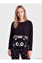 Two Mt Shop Quality Lcw Young Black Combed Cotton Printed Long Sleeve Women's Pajama Set - 2