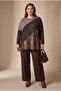 Printed and Stone Detailed Plus Size Knitted Blouse Brown - 5