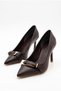 Women's Pointed Toe Thin Heeled Bitter Brown Evening Dress Shoes with Buckle Detail - 2