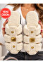 Women's Ecru Plush Cross-Strapped House Slippers with Gold Accessories, Cage Model House Slippers, Dowry Gift Slippers Stc1372