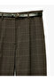 Belted Pleated Pocketed Straight Wide Leg Plaid Fabric Trousers - 7