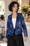 Women's Navy Blue Double-Breasted Collar Patterned Crop Jacket Arm-27K001025