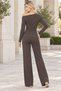 Women's Long Sleeve Boat Neck Off-Shoulder Lycra Soft Textured Top and Elastic Waist with Pockets Wide Leg Lycra Soft Textured Pants Brown Two-Piece Set - 3