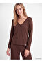 Two Mt Shop Quality Lcw Dream Brown Ribbed Plain Long Sleeve Women's Pajama Set - 2