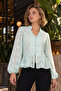 Women's Mint Hakim Collar Chinese Button Detailed Skirt Hem Ruffle Sleeves Elasticized Blouse Arm-27K001003