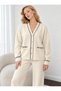 Women's Ecru Knitwear Double Set V-Neck Buttoned Cardigan and Wide-Leg Pants - 5