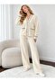 Women's Ecru Knitwear Double Set V-Neck Buttoned Cardigan and Wide-Leg Pants - 2