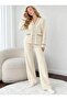 Women's Ecru Knitwear Double Set V-Neck Buttoned Cardigan and Wide-Leg Pants - 6