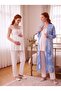 New Season Ecru Blue Patterned Buttoned Special Design Lace Detailed Wide Strap 100% Cotton Maternity Pajama Set - 7