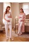 New Season Ecru Powder Patterned Buttoned Special Design Lace Detailed Wide Strap 100% Cotton Maternity Pajama Set - 8