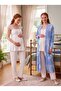 New Season Ecru Blue Patterned Buttoned Special Design Lace Detailed Wide Strap 100% Cotton Maternity Pajama Set - 6