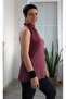 Dark Fuchsia Bordomsu Front-Collar Gathered Slightly Draped Turtleneck Sleeveless T-Shirt Made of Combed Viscose - 3